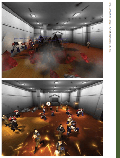 Video game avatars running around a room.