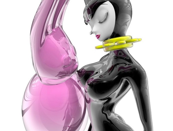 An animated women in a latex suit and a giant pink bunny.