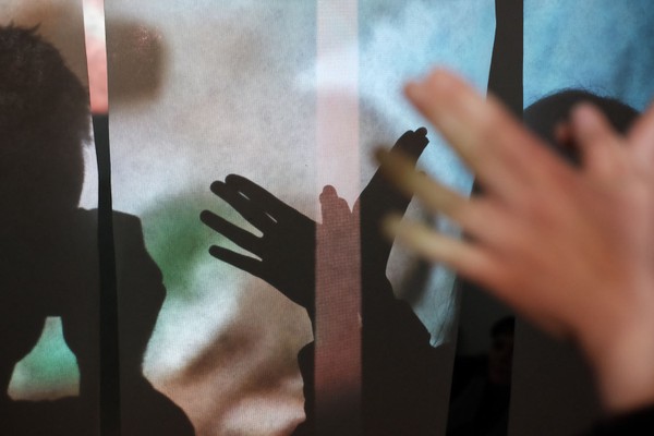 Hands forming shadowed creatures through the light projection.