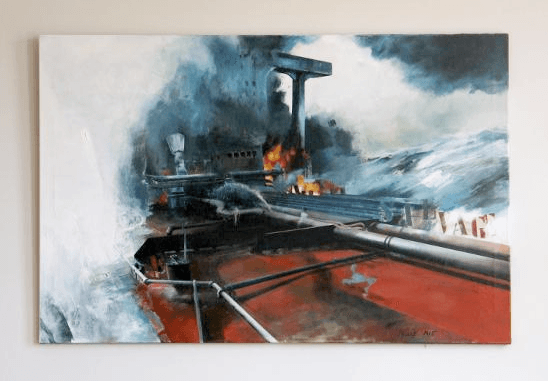 An oil painting of a boat at sea.